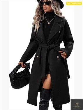 Oversized Wool Blend Pea Coat Double Breasted Notch Lapel Trench Coat